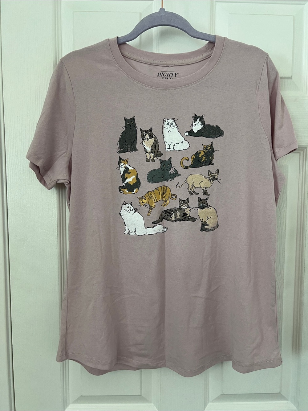 Mighty Fine Dusty Mauve Cat Tee with Multi-Color Cat Illustration